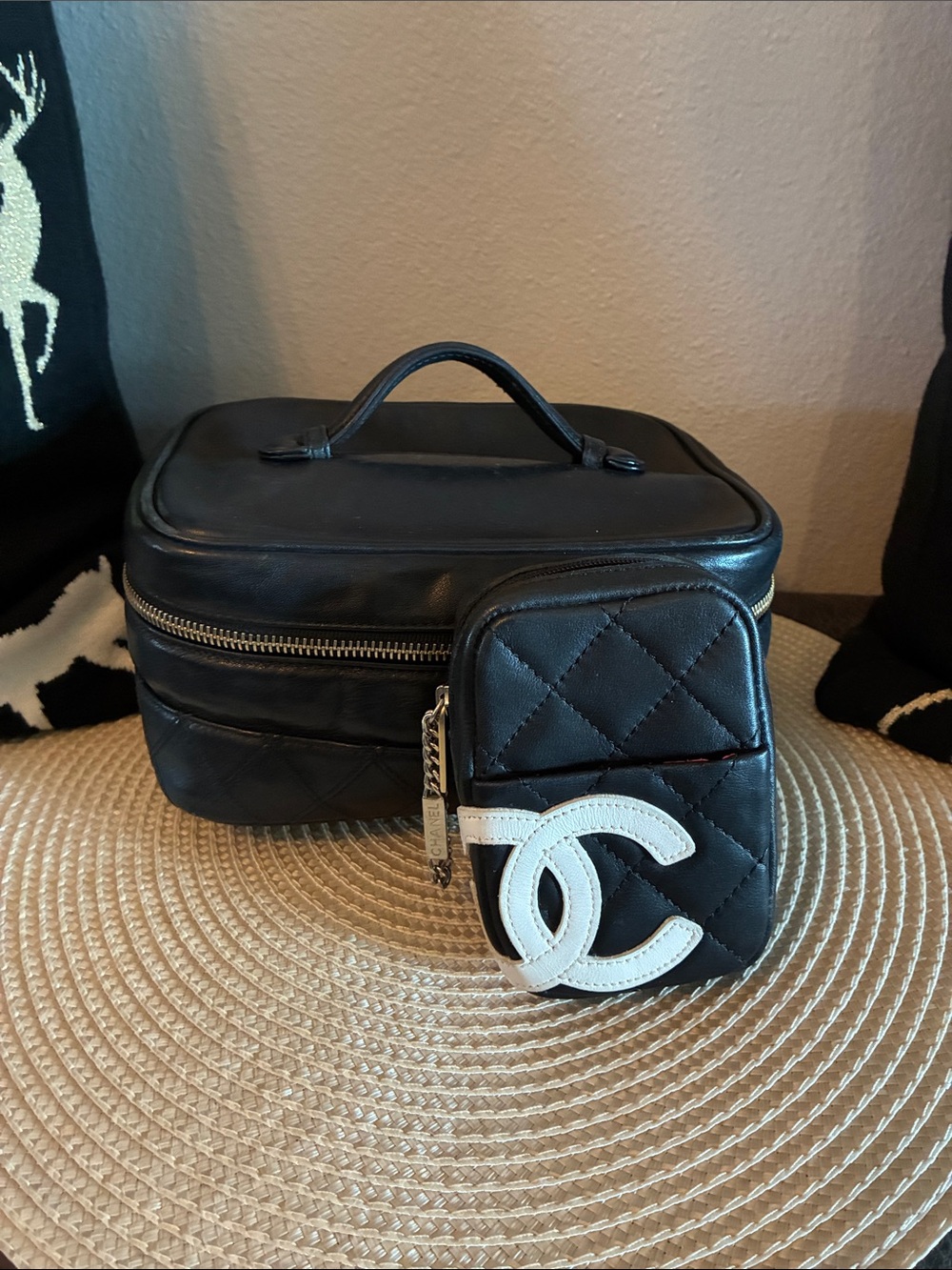 CHANEL Black Quilted Leather Toiletry Bag with Gold Hardware